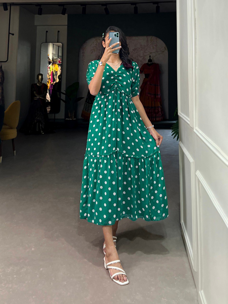 Vintage Green Polka Dot Georgette Long Frock ClothsVilla