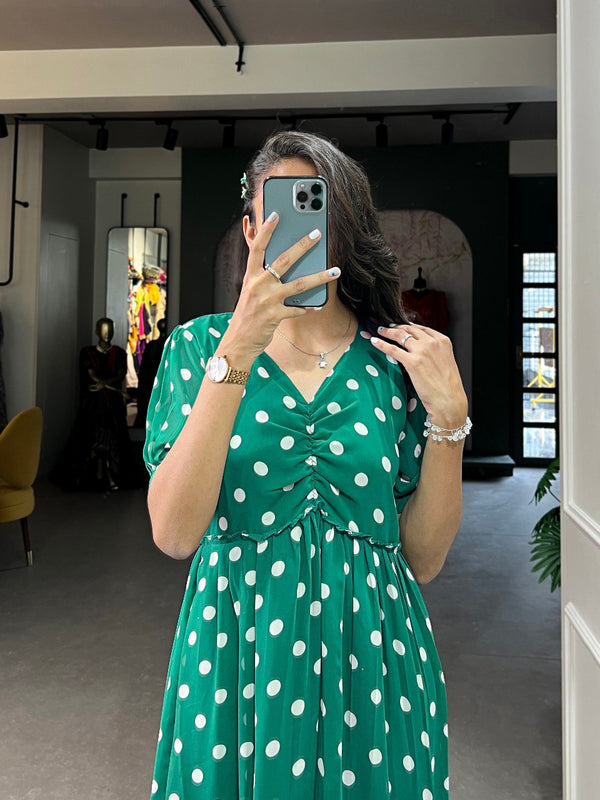 Vintage Green Polka Dot Georgette Long Frock ClothsVilla