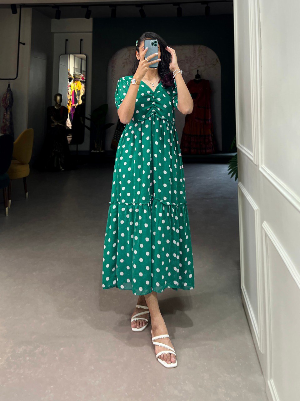 Vintage Green Polka Dot Georgette Long Frock ClothsVilla