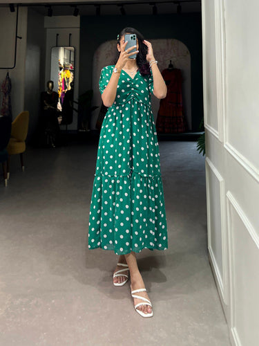 Vintage Green Polka Dot Georgette Long Frock ClothsVilla