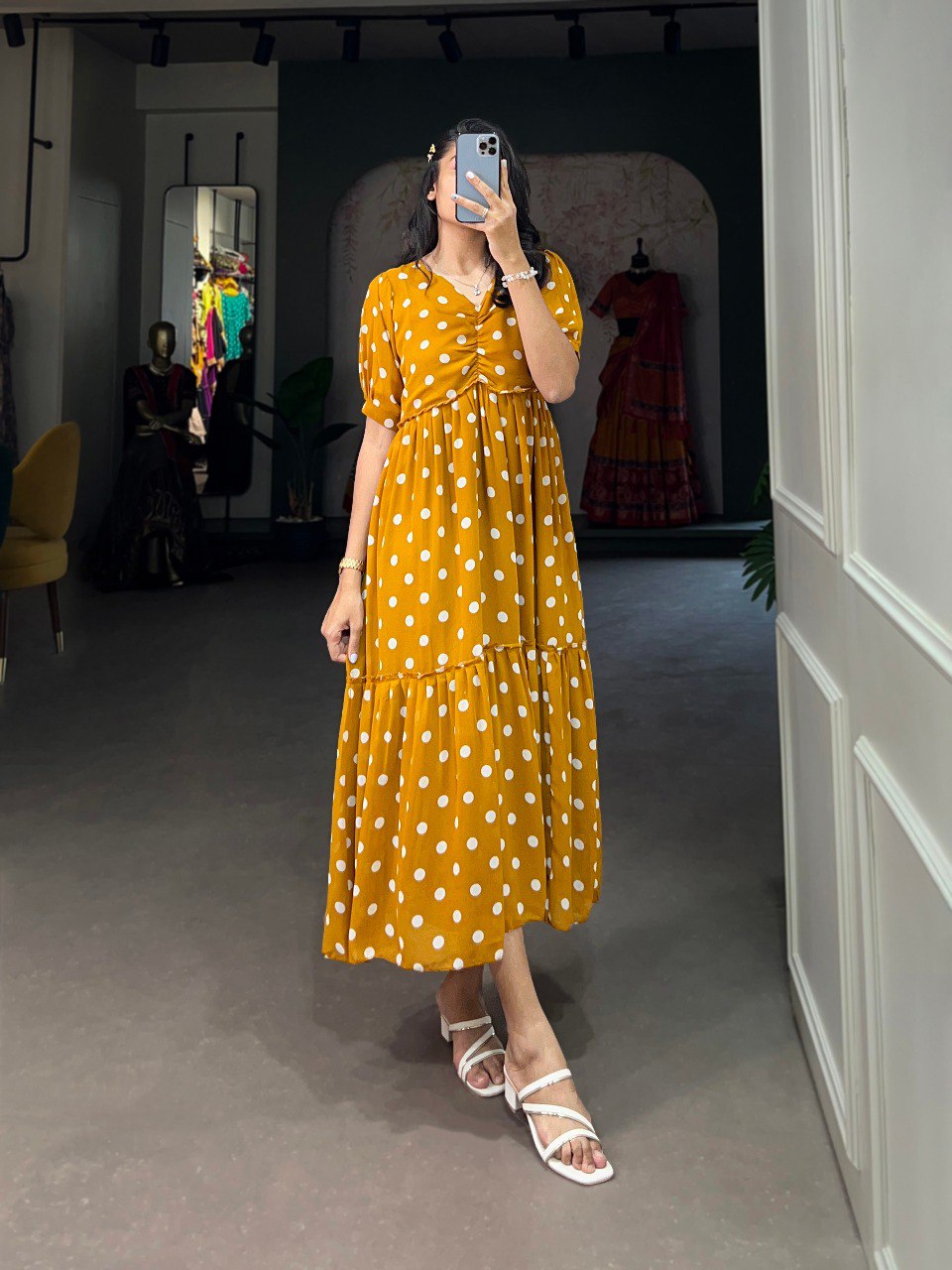 Vintage Mustard Polka Dot Georgette Long Frock ClothsVilla
