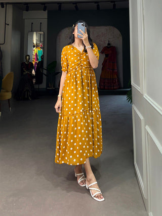 Vintage Mustard Polka Dot Georgette Long Frock ClothsVilla