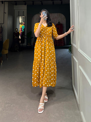 Vintage Mustard Polka Dot Georgette Long Frock ClothsVilla