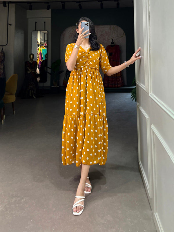 Vintage Mustard Polka Dot Georgette Long Frock ClothsVilla