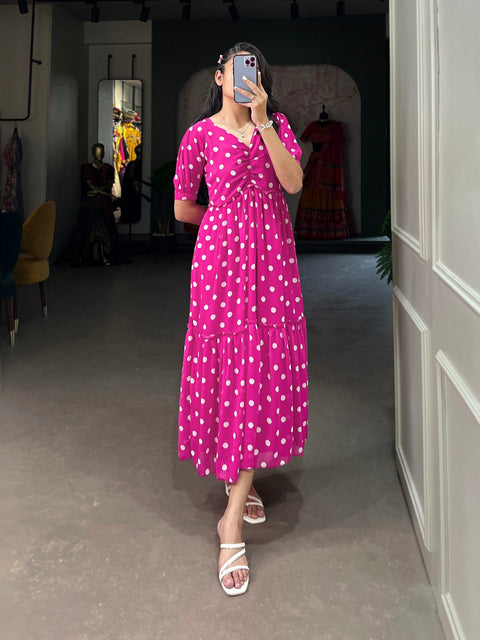 Vintage Pink Polka Dot Georgette Long Frock ClothsVilla Main image