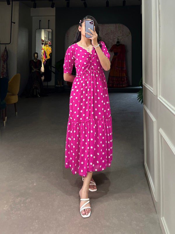 Vintage Pink Polka Dot Georgette Long Frock ClothsVilla