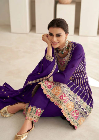 Violet Color Breathtaking Beauty Embroidered Chinon Kurta Set with Dupatta ClothsVilla