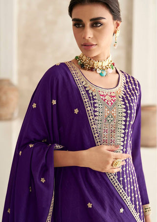 Violet Color Breathtaking Beauty Embroidered Chinon Kurta Set with Dupatta ClothsVilla