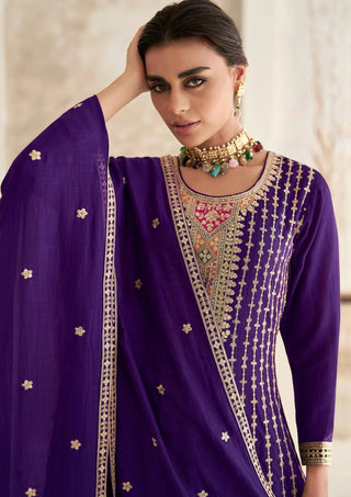 Violet Color Breathtaking Beauty Embroidered Chinon Kurta Set with Dupatta ClothsVilla