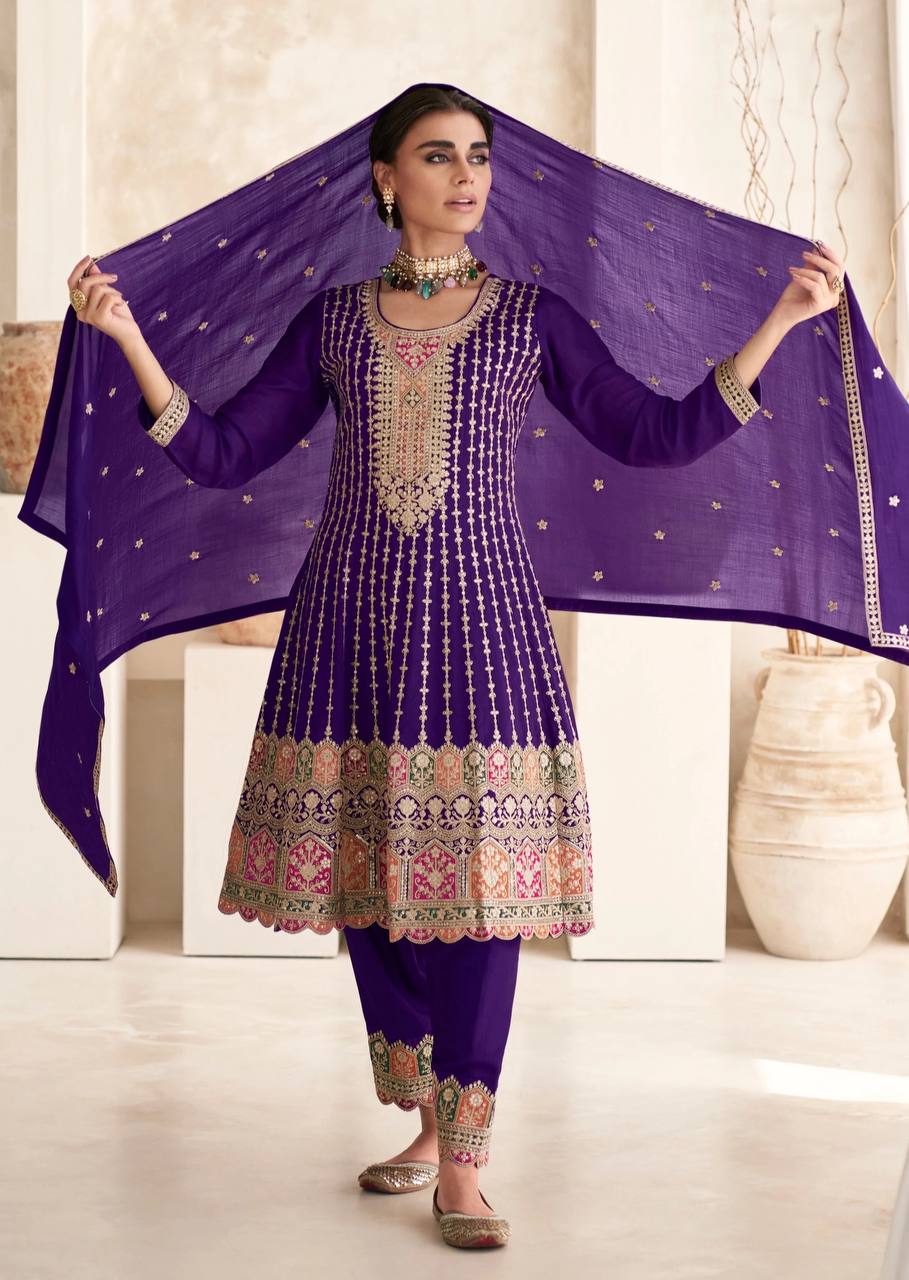 Violet Color Breathtaking Beauty Embroidered Chinon Kurta Set with Dupatta ClothsVilla Main image