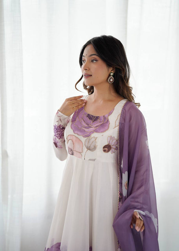 Violet Designer Organza Silk Anarkali Set with Badla Jari Handwork & Gota Patti Dupatta ClothsVilla