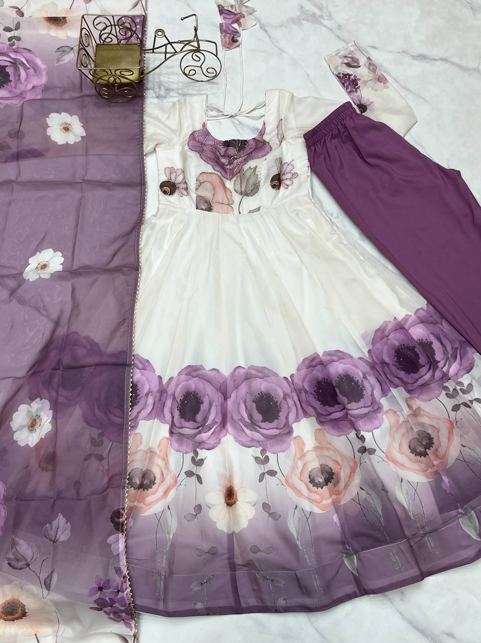 Violet Designer Organza Silk Anarkali Set with Badla Jari Handwork & Gota Patti Dupatta ClothsVilla