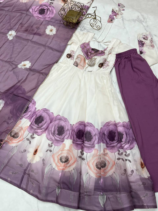 Violet Designer Organza Silk Anarkali Set with Badla Jari Handwork & Gota Patti Dupatta ClothsVilla