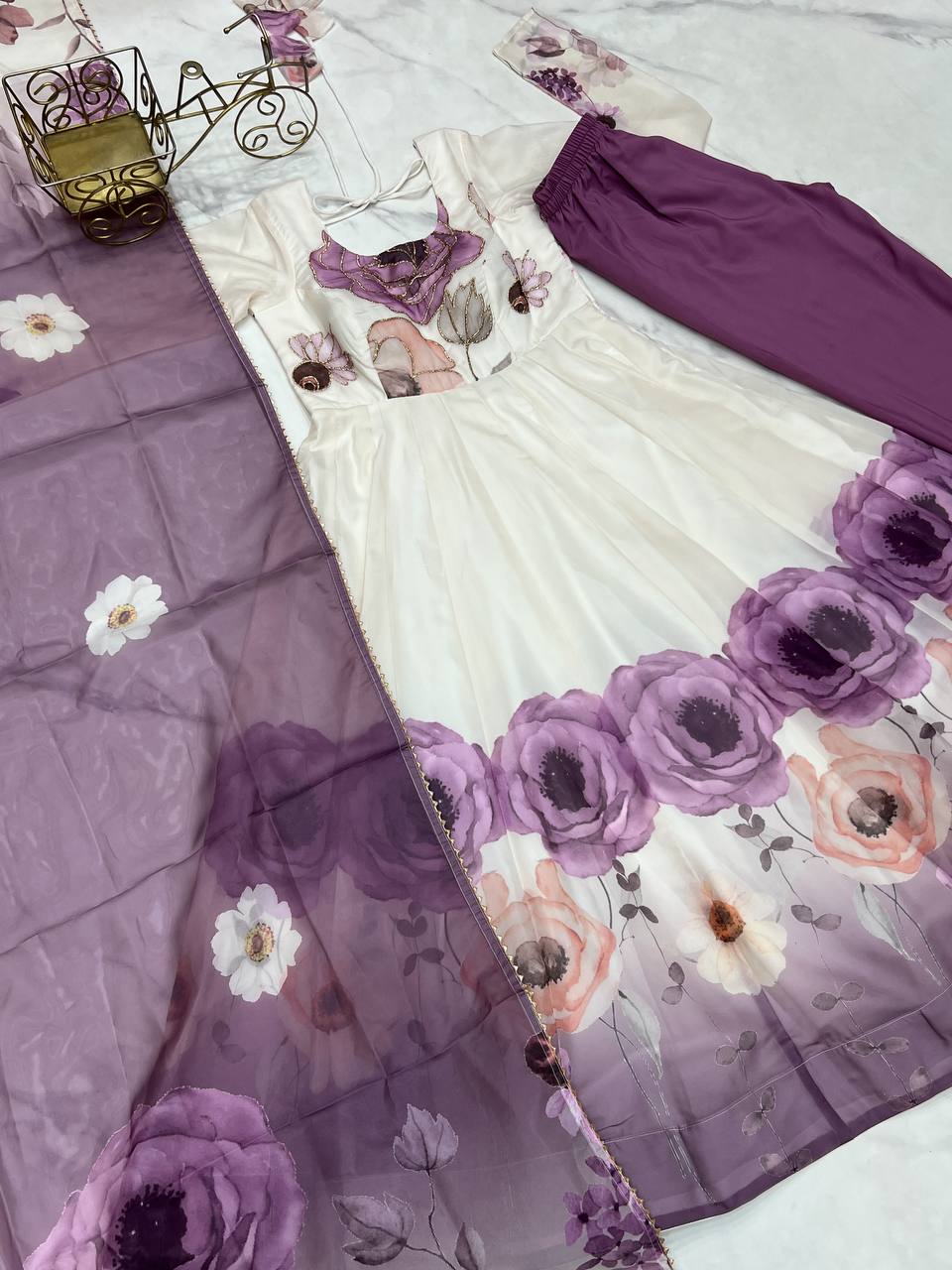 Violet Designer Organza Silk Anarkali Set with Badla Jari Handwork & Gota Patti Dupatta ClothsVilla