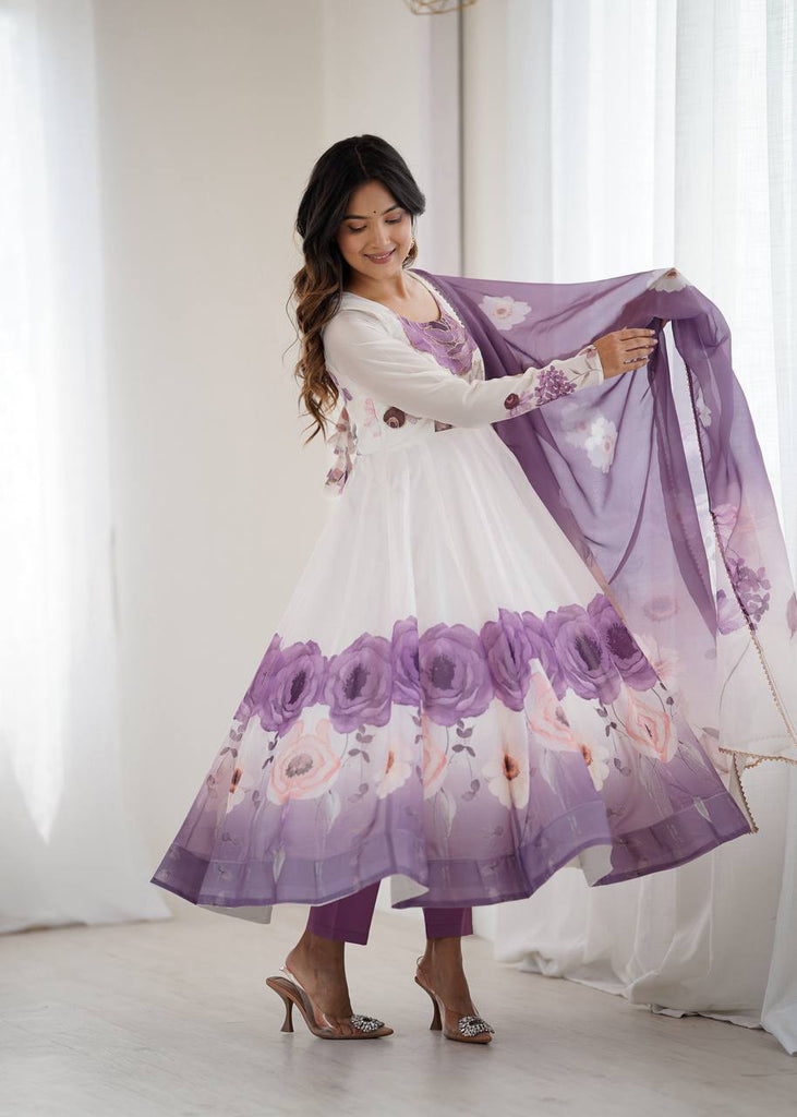Violet Designer Organza Silk Anarkali Set with Badla Jari Handwork & Gota Patti Dupatta ClothsVilla