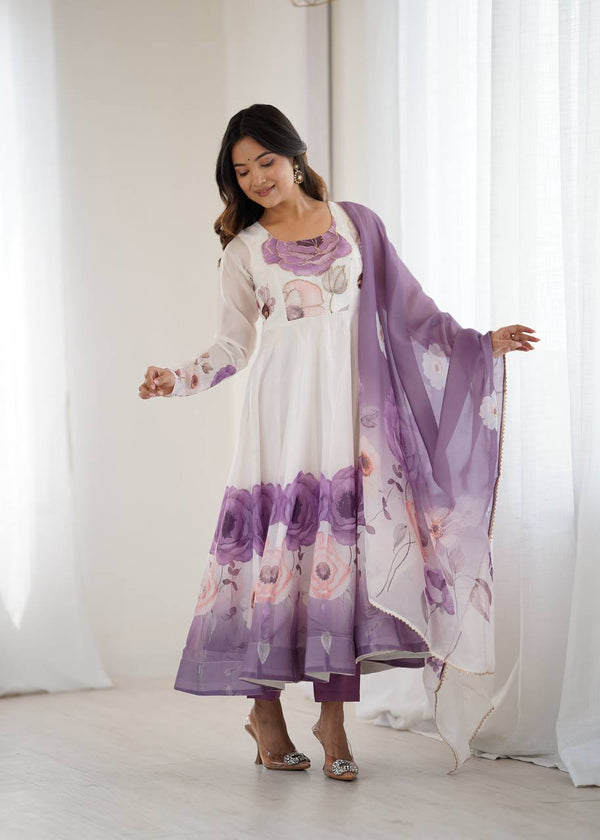 Violet Designer Organza Silk Anarkali Set with Badla Jari Handwork & Gota Patti Dupatta ClothsVilla