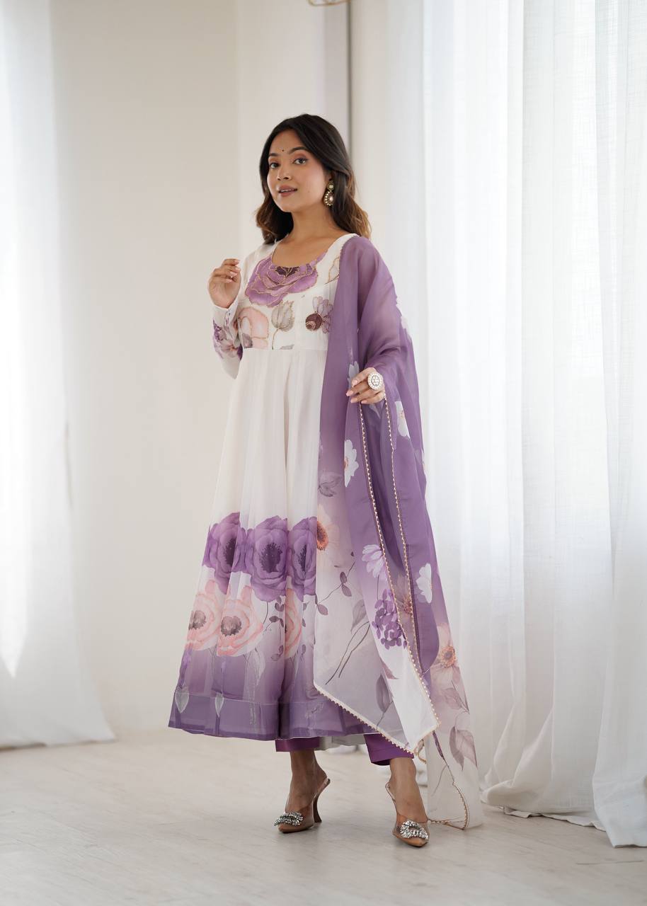 Violet Designer Organza Silk Anarkali Set with Badla Jari Handwork & Gota Patti Dupatta ClothsVilla Main image