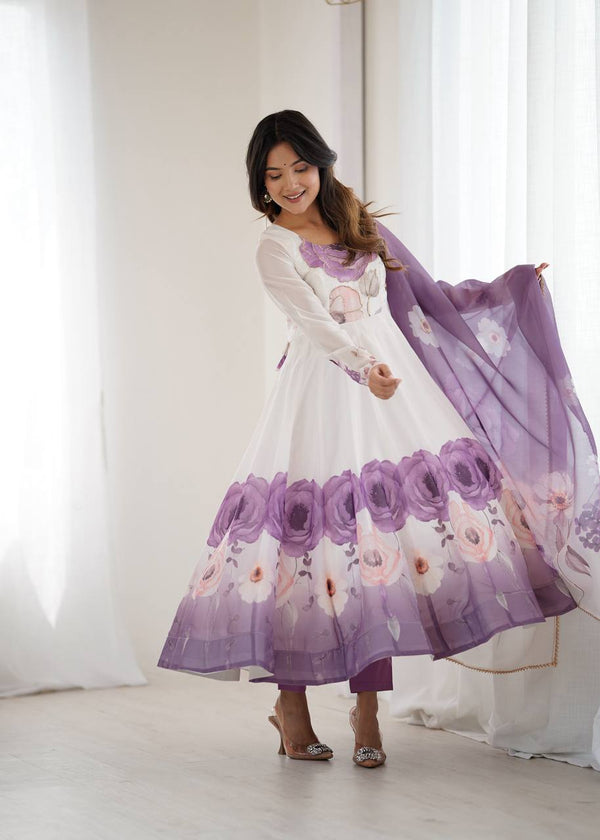 Violet Designer Organza Silk Anarkali Set with Badla Jari Handwork & Gota Patti Dupatta ClothsVilla