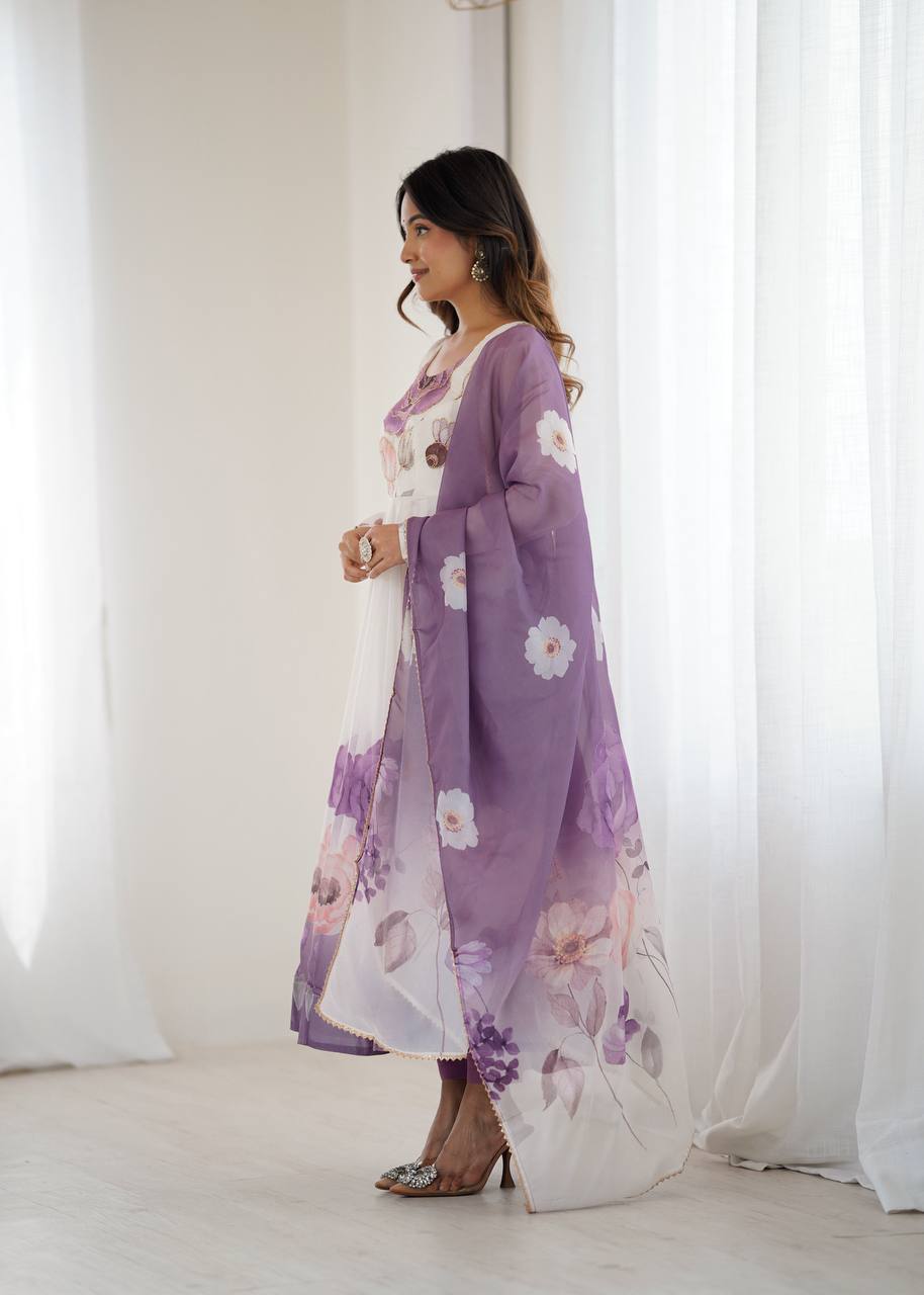 Violet Designer Organza Silk Anarkali Set with Badla Jari Handwork & Gota Patti Dupatta ClothsVilla