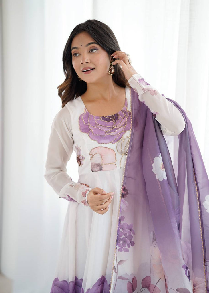 Violet Designer Organza Silk Anarkali Set with Badla Jari Handwork & Gota Patti Dupatta ClothsVilla