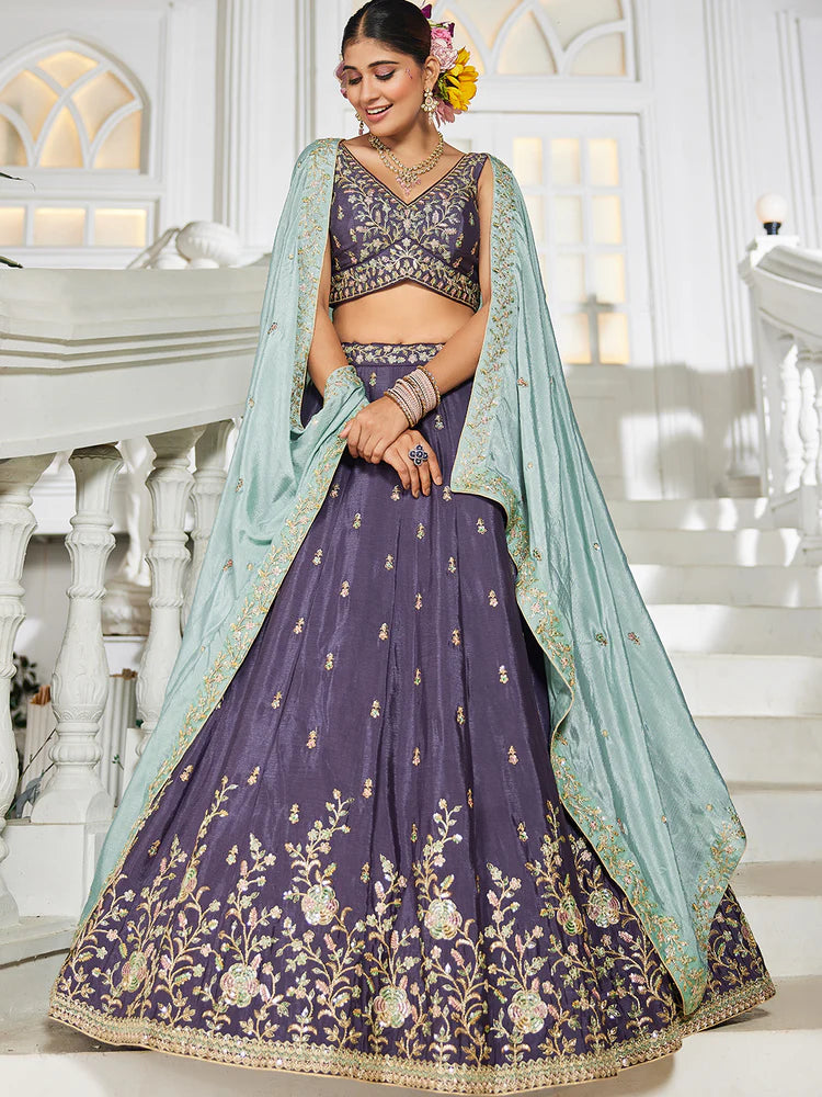 Violet Elegant Chiffon Embroidered Lehenga Set with Dupatta & Blouse ClothsVilla