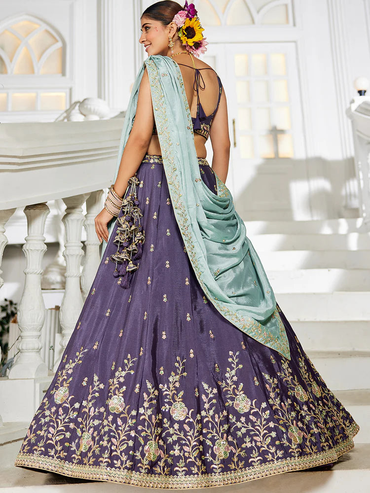 Violet Elegant Chiffon Embroidered Lehenga Set with Dupatta & Blouse ClothsVilla