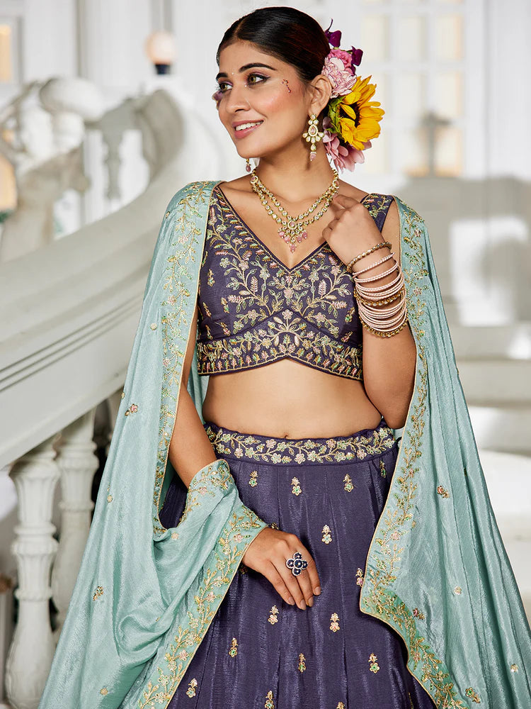 Violet Elegant Chiffon Embroidered Lehenga Set with Dupatta & Blouse ClothsVilla