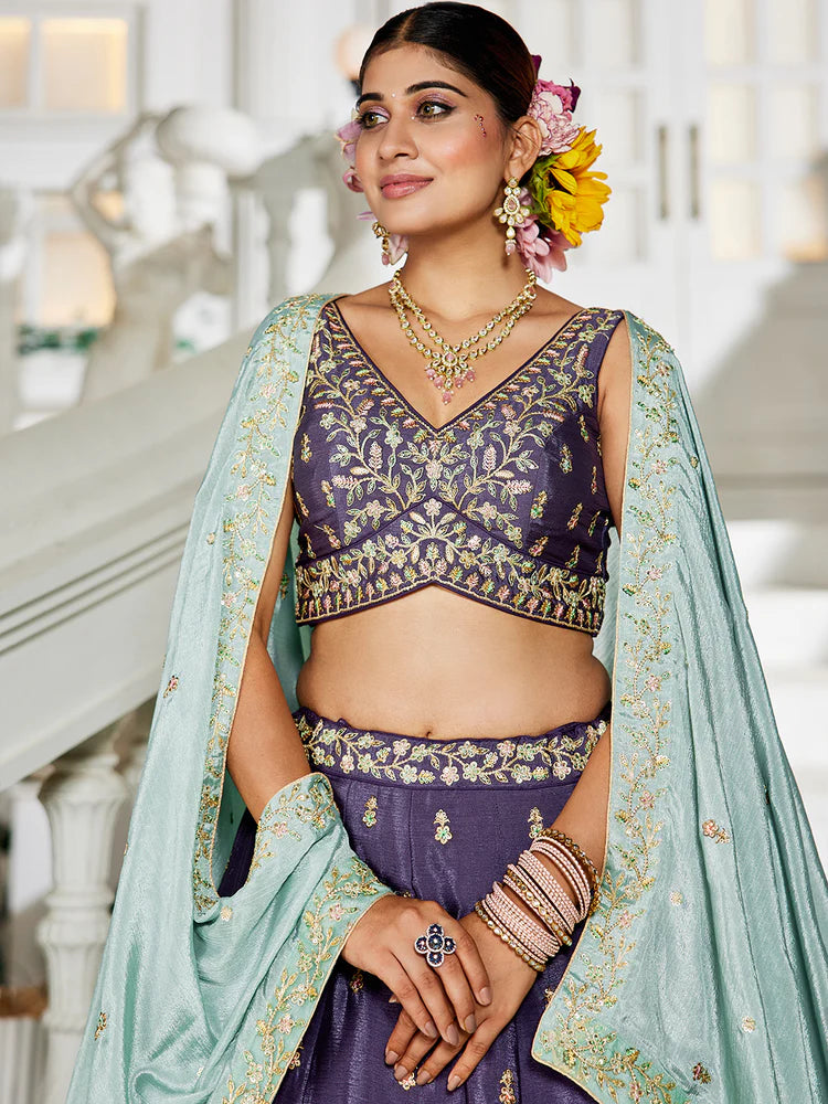 Violet Elegant Chiffon Embroidered Lehenga Set with Dupatta & Blouse ClothsVilla