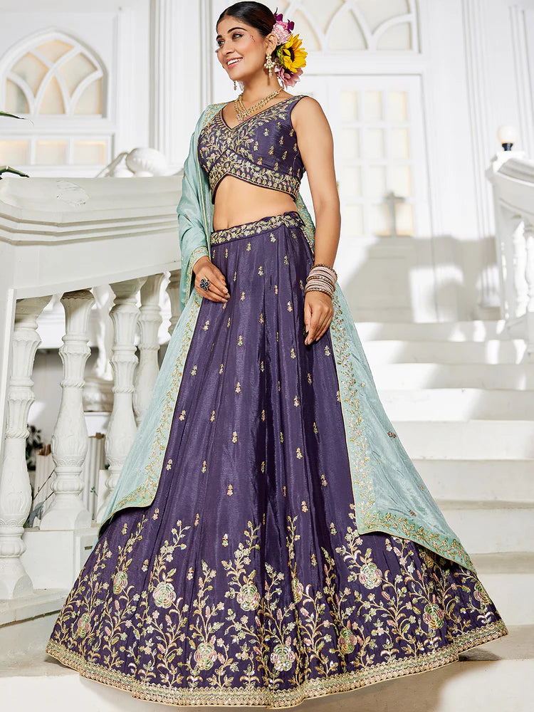 Violet Elegant Chiffon Embroidered Lehenga Set with Dupatta & Blouse ClothsVilla