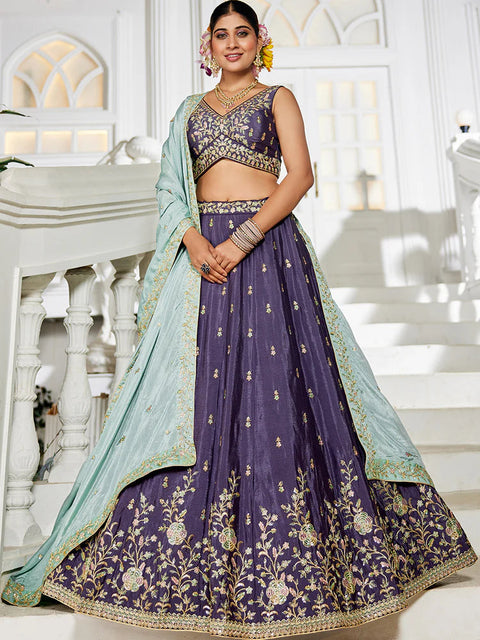 Violet Elegant Chiffon Embroidered Lehenga Set with Dupatta & Blouse ClothsVilla Main image