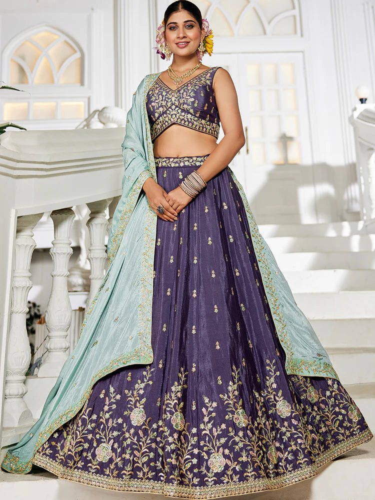 Violet Elegant Chiffon Embroidered Lehenga Set with Dupatta & Blouse ClothsVilla