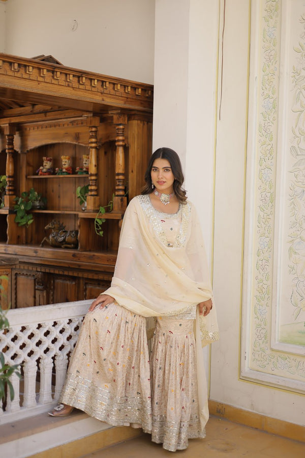 Viscose Jacquard Sequined Off White Kurti with Embroidered Sharara & Russian Silk Dupatta ClothsVilla