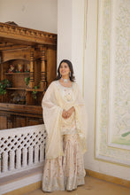 Load image into Gallery viewer, Viscose Jacquard Sequined Off White Kurti with Embroidered Sharara &amp; Russian Silk Dupatta ClothsVilla