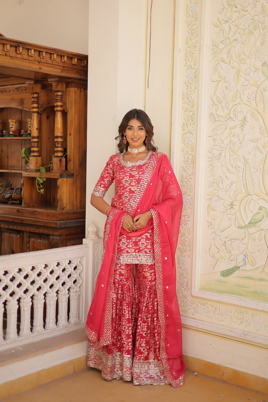 Viscose Jacquard Sequined Rani Pink Kurti with Embroidered Sharara & Russian Silk Dupatta ClothsVilla Main image