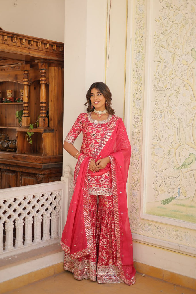 Viscose Jacquard Sequined Rani Pink Kurti with Embroidered Sharara & Russian Silk Dupatta ClothsVilla