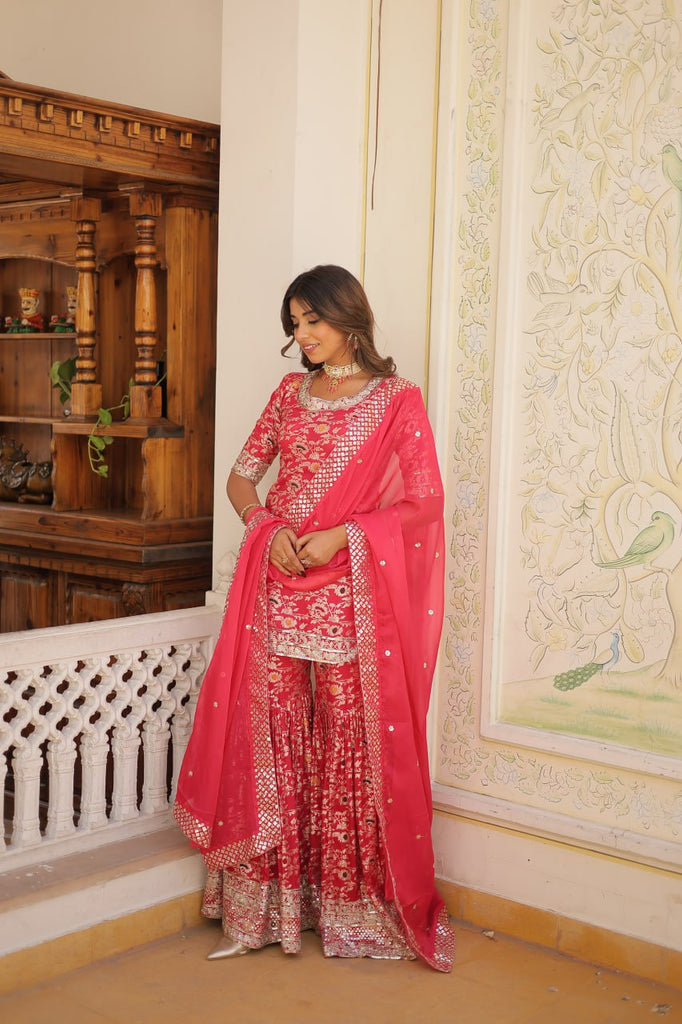 Viscose Jacquard Sequined Rani Pink Kurti with Embroidered Sharara & Russian Silk Dupatta ClothsVilla