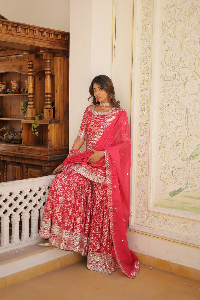 Viscose Jacquard Sequined Rani Pink Kurti with Embroidered Sharara & Russian Silk Dupatta ClothsVilla