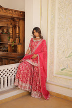 Load image into Gallery viewer, Viscose Jacquard Sequined Rani Pink Kurti with Embroidered Sharara &amp; Russian Silk Dupatta ClothsVilla