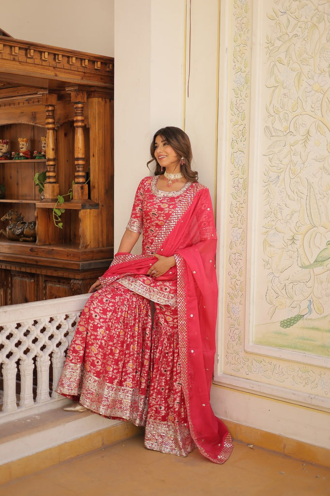 Viscose Jacquard Sequined Rani Pink Kurti with Embroidered Sharara & Russian Silk Dupatta ClothsVilla