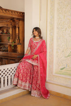 Load image into Gallery viewer, Viscose Jacquard Sequined Rani Pink Kurti with Embroidered Sharara &amp; Russian Silk Dupatta ClothsVilla