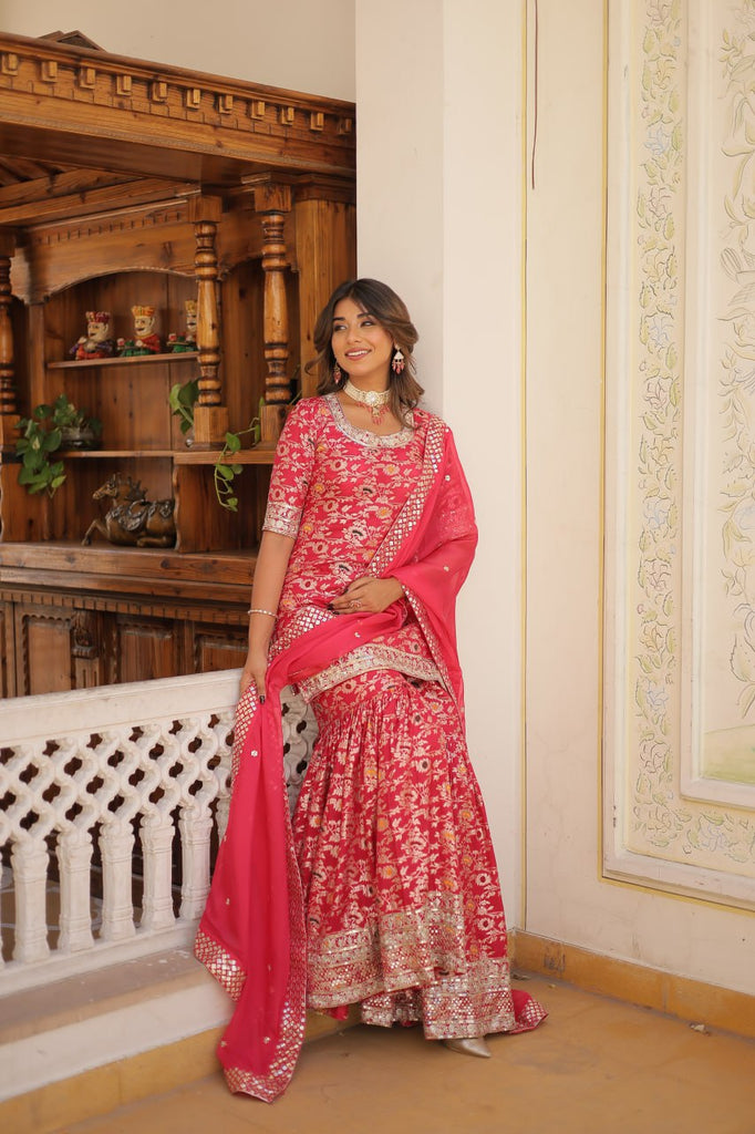 Viscose Jacquard Sequined Rani Pink Kurti with Embroidered Sharara & Russian Silk Dupatta ClothsVilla