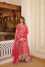 Load image into Gallery viewer, Viscose Jacquard Sequined Rani Pink Kurti with Embroidered Sharara &amp; Russian Silk Dupatta ClothsVilla