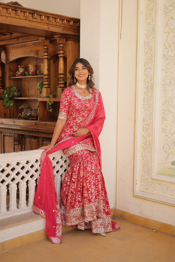 Viscose Jacquard Sequined Rani Pink Kurti with Embroidered Sharara & Russian Silk Dupatta ClothsVilla