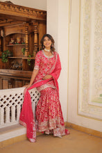 Load image into Gallery viewer, Viscose Jacquard Sequined Rani Pink Kurti with Embroidered Sharara &amp; Russian Silk Dupatta ClothsVilla