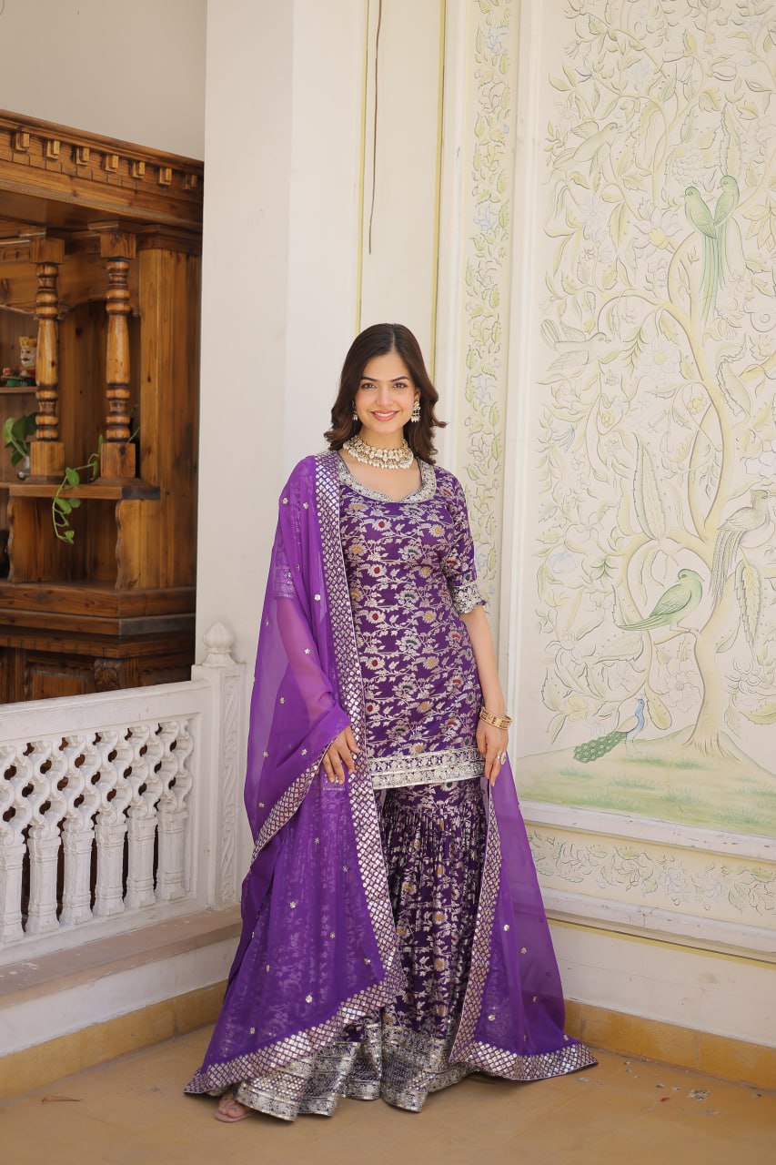Viscose Jacquard Sequined Wine Kurti with Embroidered Sharara & Russian Silk Dupatta ClothsVilla Main image