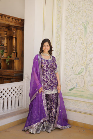 Viscose Jacquard Sequined Wine Kurti with Embroidered Sharara & Russian Silk Dupatta ClothsVilla