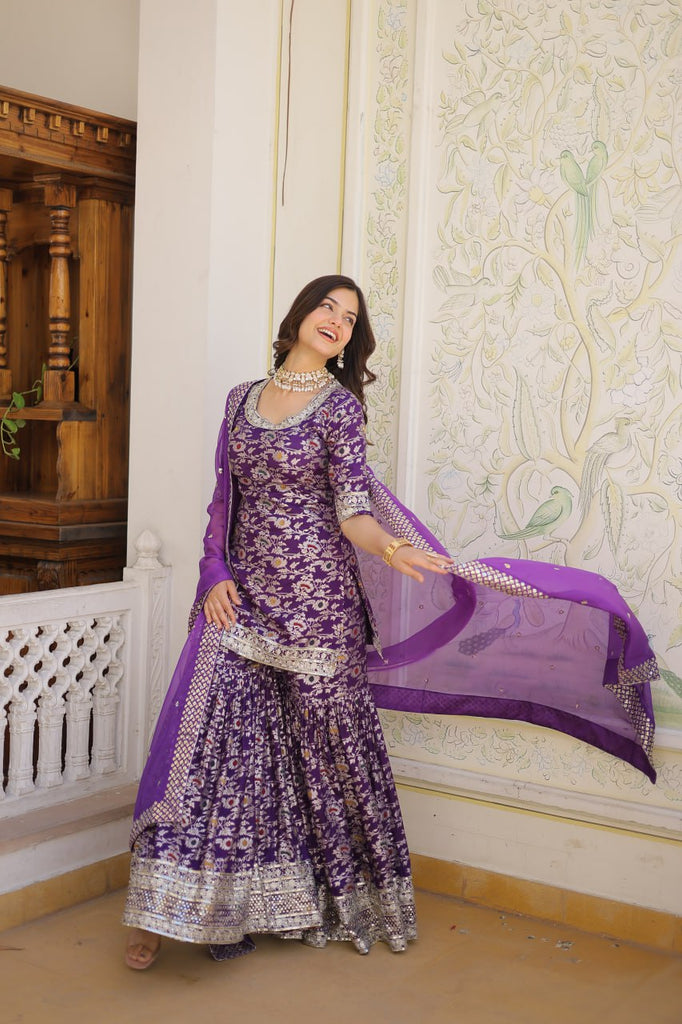 Viscose Jacquard Sequined Wine Kurti with Embroidered Sharara & Russian Silk Dupatta ClothsVilla