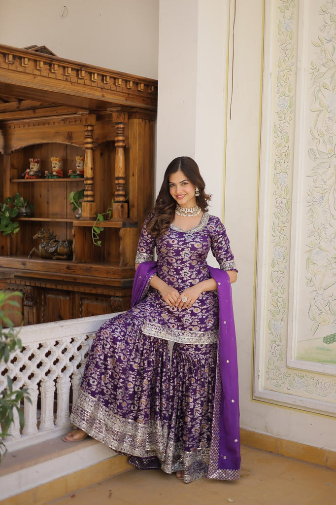 Viscose Jacquard Sequined Wine Kurti with Embroidered Sharara & Russian Silk Dupatta ClothsVilla