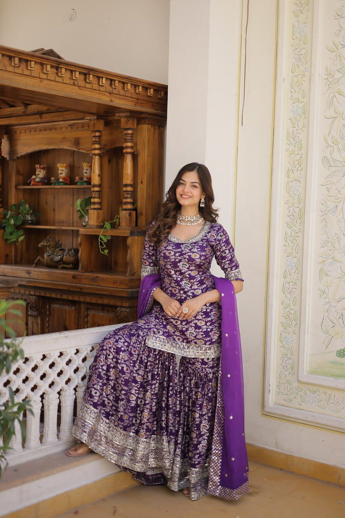 Viscose Jacquard Sequined Wine Kurti with Embroidered Sharara & Russian Silk Dupatta ClothsVilla