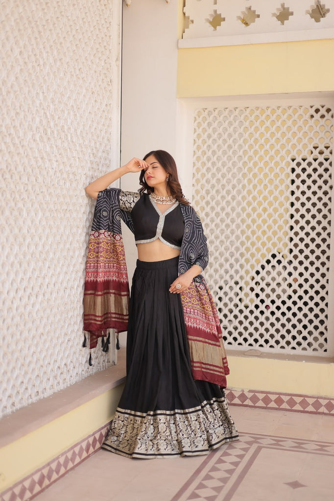 Viscose Jequard Black Lehenga Set with Gajji Silk Dupatta ClothsVilla